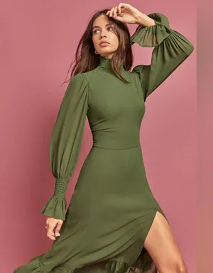 Reformation Galena Long Sleeve Dress in Olive thumbnail 1