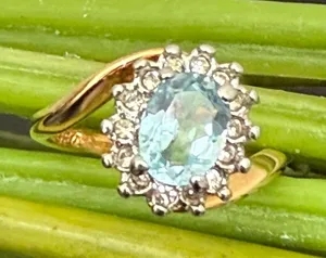 Vintage 18KGE Aquamarine Blue Topaz CZ Ring Size 7 3g. thumbnail 1