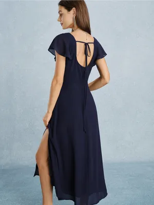 Rihoas Navy Square Neck Slit Chiffon Maxi Dress thumbnail 5