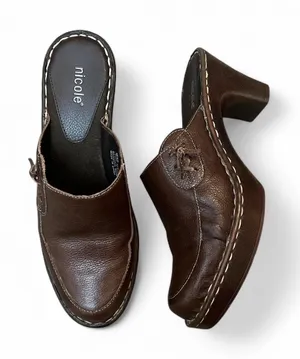 Nicole Mecca Leather Chunky Clog Mules Boho 90s Y2K Slip On Platform Heeled 8.5 thumbnail 1