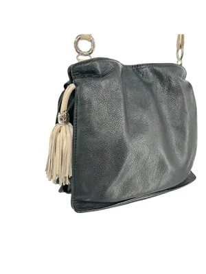 Brighton Boho Western Bucket Slouch Bag Leather Black White Tassel Silver Charms thumbnail 13