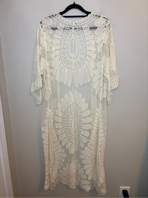 Rebellion Again Ivory Lace Duster Kimono S Embroidered Boho Maxi Cover Up thumbnail 2