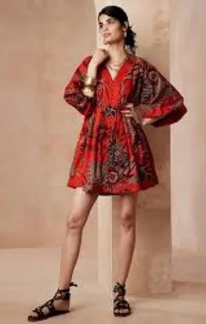 Banana Republic Mini Dress Womens S Red Excellent Tropical Balloon Sleeve Belted thumbnail 1