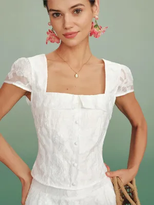 Rihoas White Square Neck Jacquard Blouse Size L thumbnail 1