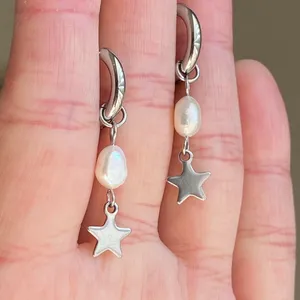 Handmade grunge fairy whimsical y2k style quality pearl star hoop earrings⭐️ thumbnail 5