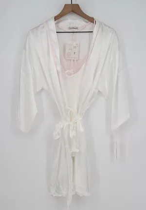 Linea Donatella Bride Satin Wrap Robe Set Women M Beige Pink Tie Waist Sleepwear thumbnail 1