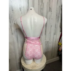French Affair Pink Floral Lace Strappy Bodysuit Lingerie Women’s Small NWT thumbnail 4
