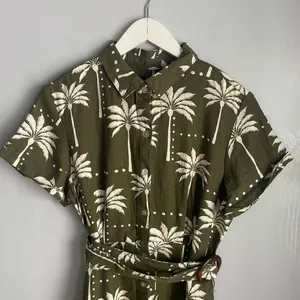 Tahari Linen Blend‎ Dress Pockets Green Tropical Belted Vacation Resort Small thumbnail 3