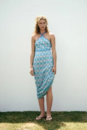 Zara Blue Patterned Crochet Halter Maxi Dress Bohemian Summer Casual thumbnail 11