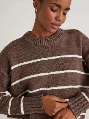 QUINCE 100% Organic Cotton Striped Crew Sweater Heather Brown Ivory Medium thumbnail 5