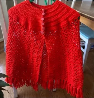 Handmade Knit Poncho Gorgeous Red Size M thumbnail 1