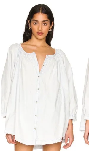 We‎ The Free Blue White Striped Relaxed Tunic or Mini Shirt Dress Large NEW Boho thumbnail 1