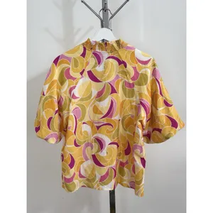 THML Women’s Yellow Pink Abstract Swirl Puff Sleeve V-Neck Blouse Top Size M thumbnail 5
