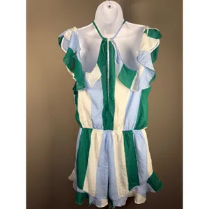 Peach Love California Striped Romper L‎ NWT Ruffle Shoulder Coastal Summer thumbnail 4
