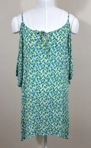 Coco + Carmen Blue Green Rayon Beach Cover-up Mini Dress Tunic Cold Shoulder S/M thumbnail 1