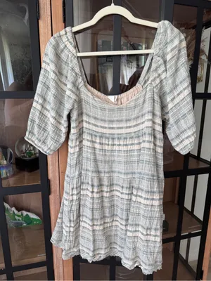 Anthropologie babydoll mini dress puff sleeve square neck sage striped textured thumbnail 1