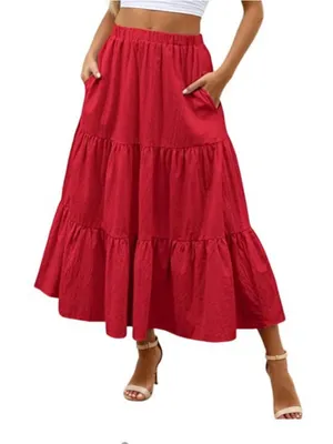 Tiered Pockets Solid Red Color High Waist Flowy Boho Mid Skirt M thumbnail 1