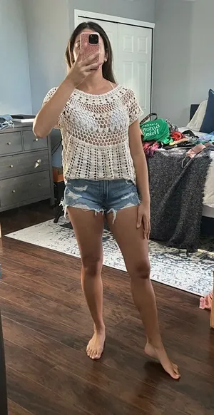 Cream Crochet Top Tan Size M thumbnail 1