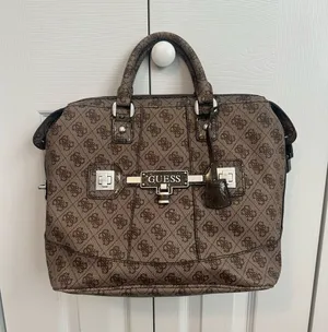 GUESS Brown Monogram Satchel Purse with Logo Plaque thumbnail 1
