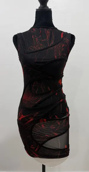 Sleeveless Black & Red Sheer Panel Bodycon Dress thumbnail 1