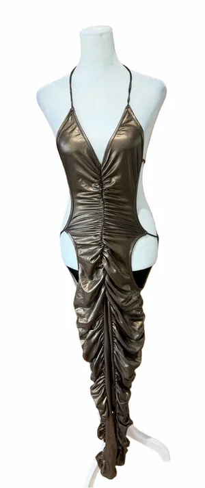 Metallic Bronze Ruched Cutout Halter Jumpsuit thumbnail 1