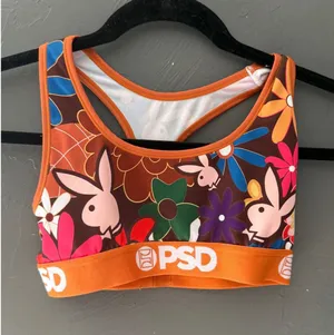 PSD Playboy Floral Sports Bra Womens Small Orange Brown Racerback Bralette Bunny thumbnail 1