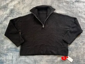 NWT! Cider Black Ribbed Knit Zip Mock Neck Cropped Sweater Large thumbnail 1