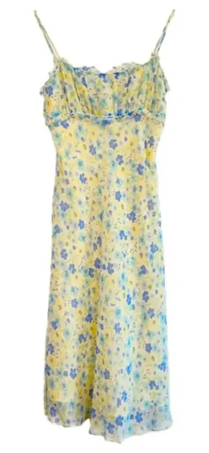 2000s Y2K Express 100% silk floral fairy dress size 6 butter yellow rare! thumbnail 1