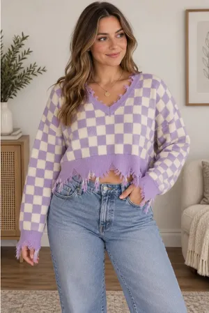 Just Polly New York Purple White Checkered Distressed Frayed V-Neck Sweater L thumbnail 1