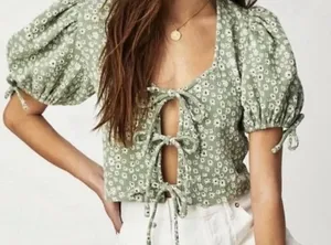 Free People Sweet Sun Crop Top Sz M Green Floral Girlcore Boho Cottagecore Chic thumbnail 1