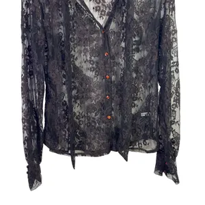 Vintage 90s Y2K New York & Company Black Floral Lace Sheer Button Front Blouse M thumbnail 5