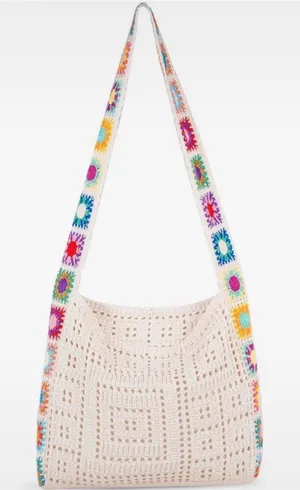Boho Crochet Granny Square Hobo Shoulder Bag Cream Multi Retro y2k whimsi dainty thumbnail 1