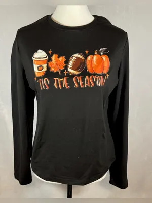 Tis the Season Fall Football Pumpkin Spice long sleeve black tshirt size XL thumbnail 2