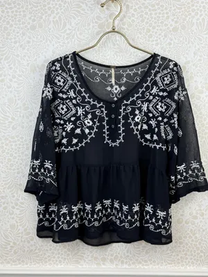 Free People Black and White Sheer Embroidered Peasant Blouse - Size - Medium thumbnail 9