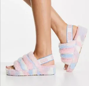 The UGG Women's Fluff Yeah Slide Cali Collage in the "Cotton Candy" color-way features a pastel striped blend of pink, blue, and white/cream. This highly popular, statement-making slipper combines the breathability of a slide sandal with the premium warmth of traditional house shoes Preloved Machine washed on delicate & sun/air-dried & ready for their mew home Note: these are preloved and worn still in perfect shape structurally- but no longer look new - even though they are washed - they don’t look like new thumbnail 2