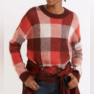 Madewell Red Checked Plaid Fenimore Pullover Sweater, size XL. thumbnail 1
