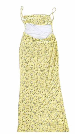 Full length yellow maxi dress with small blue flower print #summer thumbnail 2