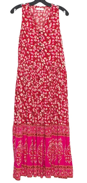 Floral Maxi Sundress Tiered Flowy Red Cottagecore Prairie Peasant Festival M thumbnail 1