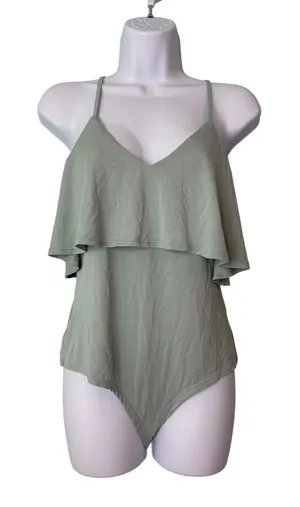 LA Hearts Sage Green Ruffle V-Neck Bodysuit Size M Spaghetti Strap Festival Boho thumbnail 1