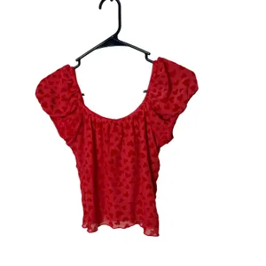 Motel Rocks Red Heart Velvet Mesh Off‎ Shoulder Ruffle Cap Sleeve Crop Top Size S thumbnail 5