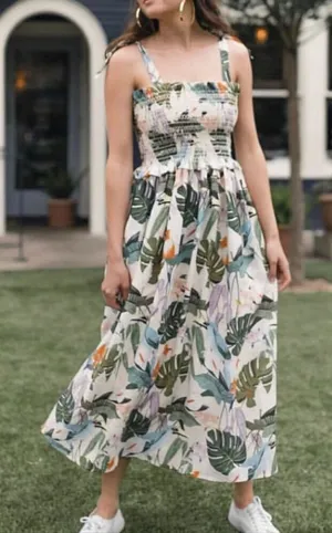 Anthropologie Corey Lynn Calter Olivia Tropical Bird linen smocked midi dress M thumbnail 1