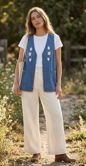 Vintage Embroidered Floral Denim Vest Pearl Studded Boho Western Cottagecore M thumbnail 1