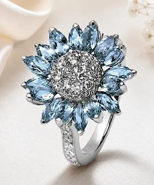 Sunflower Statement Ring Blue CZ Crystal Petals Silver Tone Size 8 NWT thumbnail 1