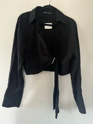 NWT Zara Black Linen Blend Cropped Long Sleeve Wrap Shirt XL Tie Front Coastal thumbnail 1