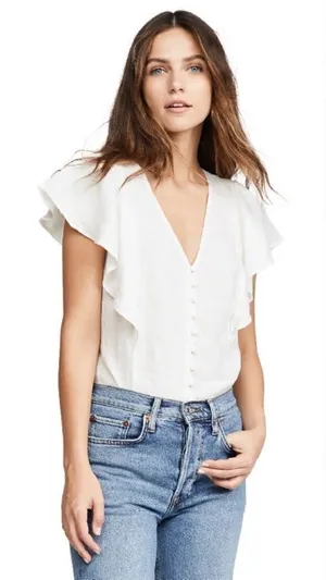 Madewell Flutter Sleeve Linen Ivory Blouse Button Front Size 10 thumbnail 1