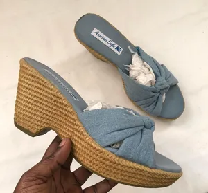 Y2K blue jean denim fabric chunky platform wedge sandals open toe heels brown espadrilles front tie knot - Size 8 #indie #hippie #hobo #boho #festival retro thumbnail 3