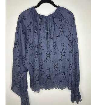 Free People Lace Blouse Women's Size Medium Blue Eyelet Boho Top Flowy thumbnail 3