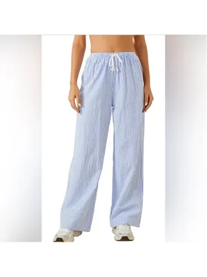 NEW Striped Ticking Wide Leg Drawstring Slant Pockets Casual Lounge Pants L thumbnail 2
