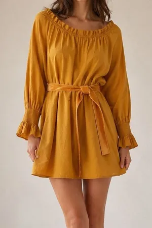 DOEN Miro Golden Hour Mustard Smocked Neck Waist Tie Boho Cottagecore Mini Dress thumbnail 1