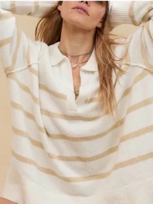 Aerie unREAL Oversized Classic Fit Stripe Pull Over V-Neck Polo Sweater XS Soft thumbnail 2